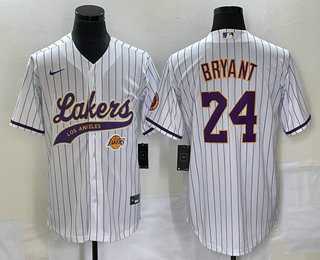 Men%27s Los Angeles Lakers #24 Kobe Bryant White Pinstripe With Patch Cool Base Stitched Baseball Jersey